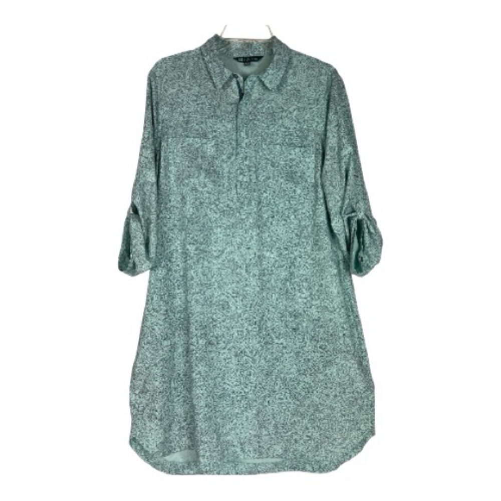 Title Nine Sz XL Adventurista Shirt Dress Tab Sleeves Qtr Zip Floral Green EUC